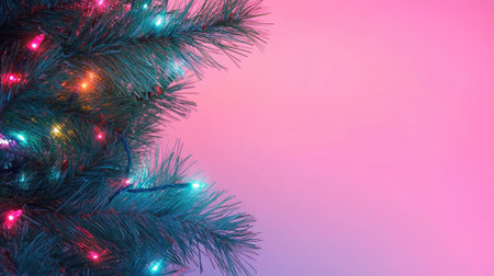 Close-up of a decorated Christmas tree branch with twinkling lights, framing a copy space on a gradient background.の素材