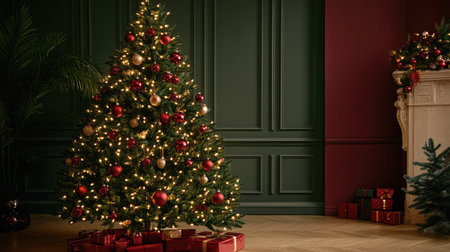 Decorated Christmas tree with sparkling lights and red ornaments, against a festive background, with space for text on the side.の素材