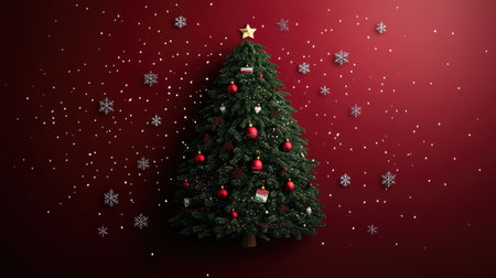 Christmas tree decked out in red and green, surrounded by falling snowflakes, with a clear area for holiday copy.の素材