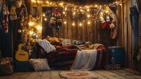 Cozy winter festival scene with holiday crafts and lights, with copy space on a warm, rustic background.の素材