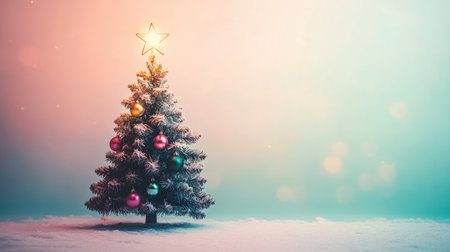 Christmas tree with playful ornaments and a bright star, leaving room for text on a cheerful, gradient background.の素材