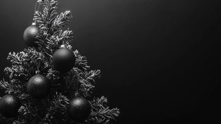 Elegant Christmas tree with monochromatic ornaments, set against a sleek black background with copy space for a greeting.の素材