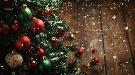 Cozy scene with a Christmas tree decorated with red and green ornaments, snowflakes falling, with space for text on a wooden background.の素材