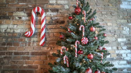 Tree decorated with candy canes and handmade ornaments, against a rustic brick wall with room for seasonal copy.の素材