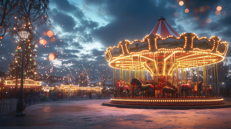 Holiday fair with a carousel and festive lights, against a twilight sky, leaving space for holiday messages or greetings.の素材