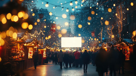 Street festival with Christmas decor and happy crowds, with a blank area in the sky for holiday announcements.の素材