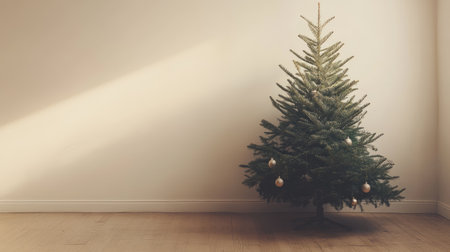 Minimalistic tree with neutral-colored decorations, placed on a wooden floor, with space for festive text above.の素材