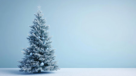Sparkling Christmas tree decorated with tinsel and baubles, positioned to the left, with a frosty background and copy space.の素材