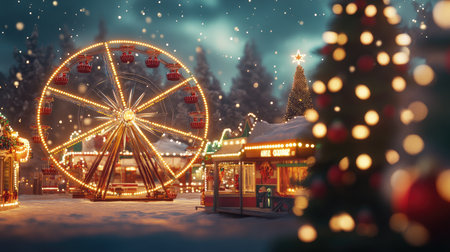 Holiday fairground with a glowing Ferris wheel and festive decor, with room for copy on the ground or in the sky.の素材