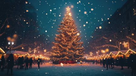 Holiday festival with a huge Christmas tree surrounded by happy festivities, leaving space for a greeting or announcement.の素材