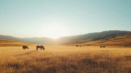 A tranquil scene featuring majestic horses grazing in vast golden fields, illuminated by the warm glow of sunset, with serene mountains in the background, showcasing nature's beauty.の素材