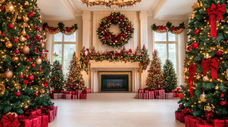 Festive holiday scene with a beautifully decorated tree and fireplace, with an open area for text or a holiday greeting.の素材
