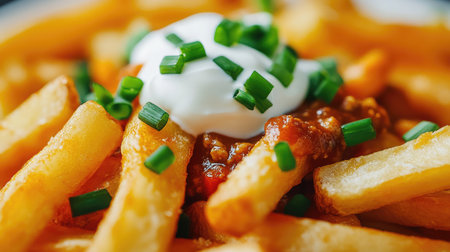 Close-up of a plate of greasy, cheesy fries with chili, sour cream, and chivesの素材