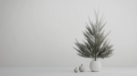 Minimalistic Christmas tree with Scandinavian-style ornaments, set against a white background with room for holiday copy.の素材