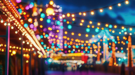 Vibrant holiday festival with colorful lights and festive decor, against a cityscape background with copy space in the sky.の素材