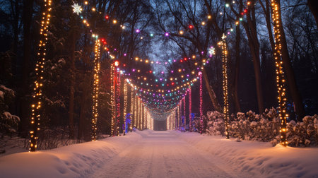Winter wonderland festival with Christmas lights hanging from trees, with copy space on the snowy ground or sky.の素材