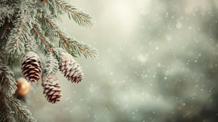 Tree branches with frosted pinecones and ornaments, framing a left-aligned copy space for a warm holiday message.の素材