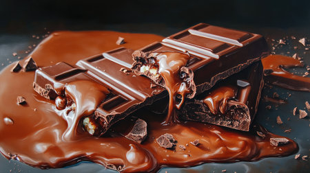 Close-up of a chocolate bar broken into pieces, with gooey filling spilling outの素材