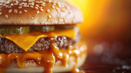 Close-up of a juicy burger with melted cheese, pickles, and sauce oozing between soft bunsの素材