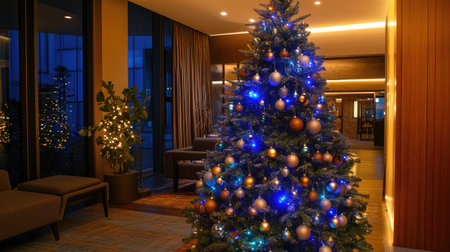 Stylish Christmas tree with metallic decorations and soft lighting, set in a modern room with room for holiday messages.の素材