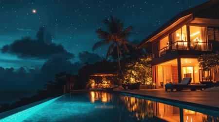 Enjoy a peaceful evening at a stunning villa featuring a shimmering pool and breathtaking starry sky, perfect for relaxation and an unforgettable tropical escape.の素材