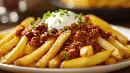 Close-up of a plate of greasy, cheesy fries with chili, sour cream, and chivesの素材