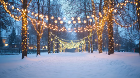 Winter wonderland festival with Christmas lights hanging from trees, with copy space on the snowy ground or sky.の素材