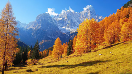 Experience the breathtaking beauty of an autumn landscape featuring vibrant orange trees and stunning snow-capped mountains in the Dolomites of Italy.の素材