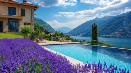 A stunning view showcasing vibrant lavender fields alongside a luxurious swimming pool, overlooking a tranquil lake and majestic mountains under a bright sky.の素材