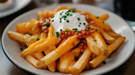 Close-up of a plate of greasy, cheesy fries with chili, sour cream, and chivesの素材