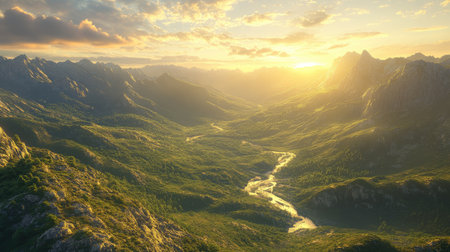 Capture the awe-inspiring beauty of a sunrise cascading over a verdant valley, where a gentle river flows through majestic mountains in a tranquil and stunning natural setting.の素材
