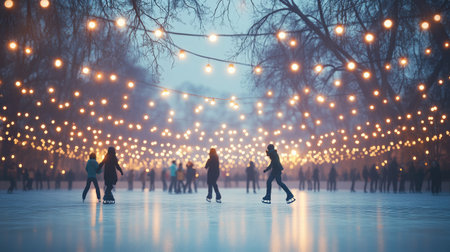 Winter festival scene with people ice skating under string lights, with space for text on a frosty background.の素材