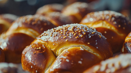 Close-up of soft pretzels sprinkled with salt and served with mustard, ideal for snack loversの素材