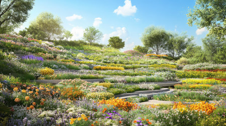 A stunning display of vibrant flowers sprawls across a gently sloping landscape, showcasing a rich tapestry of colors under a bright blue sky, perfect for nature lovers.の素材