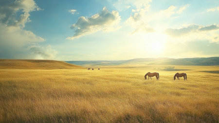A serene scene featuring majestic horses peacefully grazing in a golden meadow under a clear blue sky, with soft clouds and a tranquil ambiance, perfect for nature lovers.の素材