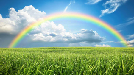 A stunning rainbow arches gracefully over a vibrant green field, set against a bright blue sky filled with fluffy white clouds, creating a serene and uplifting natural scene.の素材