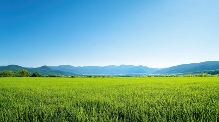 A picturesque view of a lush green rice field under a clear blue sky, complemented by majestic mountains in the distance, creating a serene atmosphere ideal for nature photography.の素材