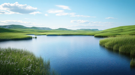 A tranquil landscape showcasing a serene lake, surrounded by lush green grass and distant hills, under a clear blue sky. Ideal for relaxation and outdoor inspiration.の素材
