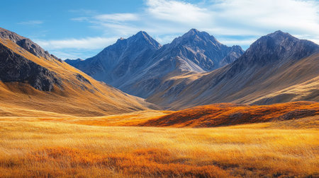 Explore a breathtaking mountain landscape showcasing golden grassland in autumn, accompanied by majestic peaks and a clear blue sky, perfect for nature and travel themes.の素材