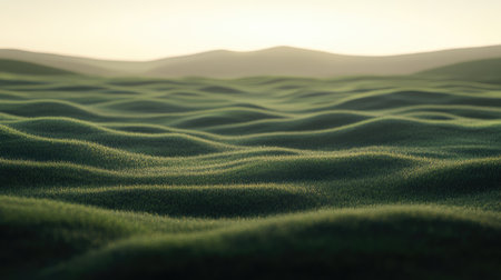Explore a captivating landscape featuring rolling green hills that create a peaceful atmosphere. The soft light enhances the tranquil beauty of nature's undulating forms.の素材