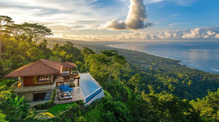 Experience the tranquility of a stunning villa with an infinity pool overlooking a breathtaking ocean and lush mountains during a captivating sunset. Ideal for relaxation and escape.の素材