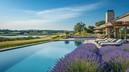 This image showcases a luxurious outdoor pool surrounded by vibrant lavender fields, offering a serene escape in a picturesque landscape with breathtaking views.の素材