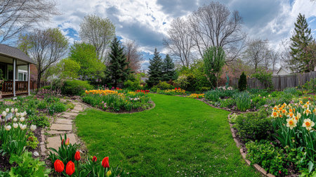 A stunning spring garden showcasing a variety of vibrant flowers including tulips and daffodils, set against a lush green lawn and serene tree backdrop.の素材