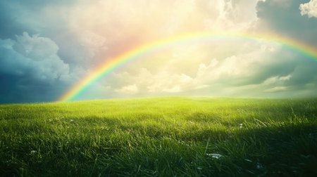 Experience the beauty of nature with this captivating image of a rainbow arching over a lush green field, set against a dynamic sky filled with soft clouds and gentle light.の素材