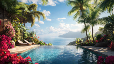 Experience the tranquility of a tropical paradise featuring a serene pool, vibrant flowers, and an expansive ocean view framed by majestic mountains. Perfect for relaxation and beauty.の素材