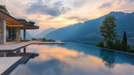 An exquisite infinity pool at sunset reflects the stunning mountains and sky, surrounded by a luxurious villa, offering a perfect escape into natureの素材