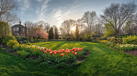 A breathtaking view of a spring garden featuring vibrant tulips and lush green grass under a beautiful sunset, creating a tranquil and picturesque atmosphere.の素材