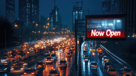 A vibrant urban night scene featuring busy traffic illuminated by a glowing "Now Open" sign, with skyscrapers in the backdrop and a wet road reflecting city lights.の素材
