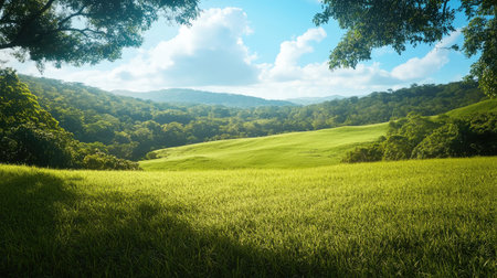 A breathtaking view of a tranquil countryside landscape with lush green grass, rolling hills, and fluffy clouds against a clear blue sky, perfect for nature lovers.の素材