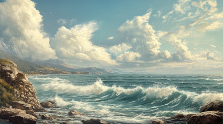 A breathtaking coastal scene showcasing rolling waves crashing against rugged rocks, complemented by a vibrant blue sky adorned with fluffy clouds and lush hills in the background.の素材